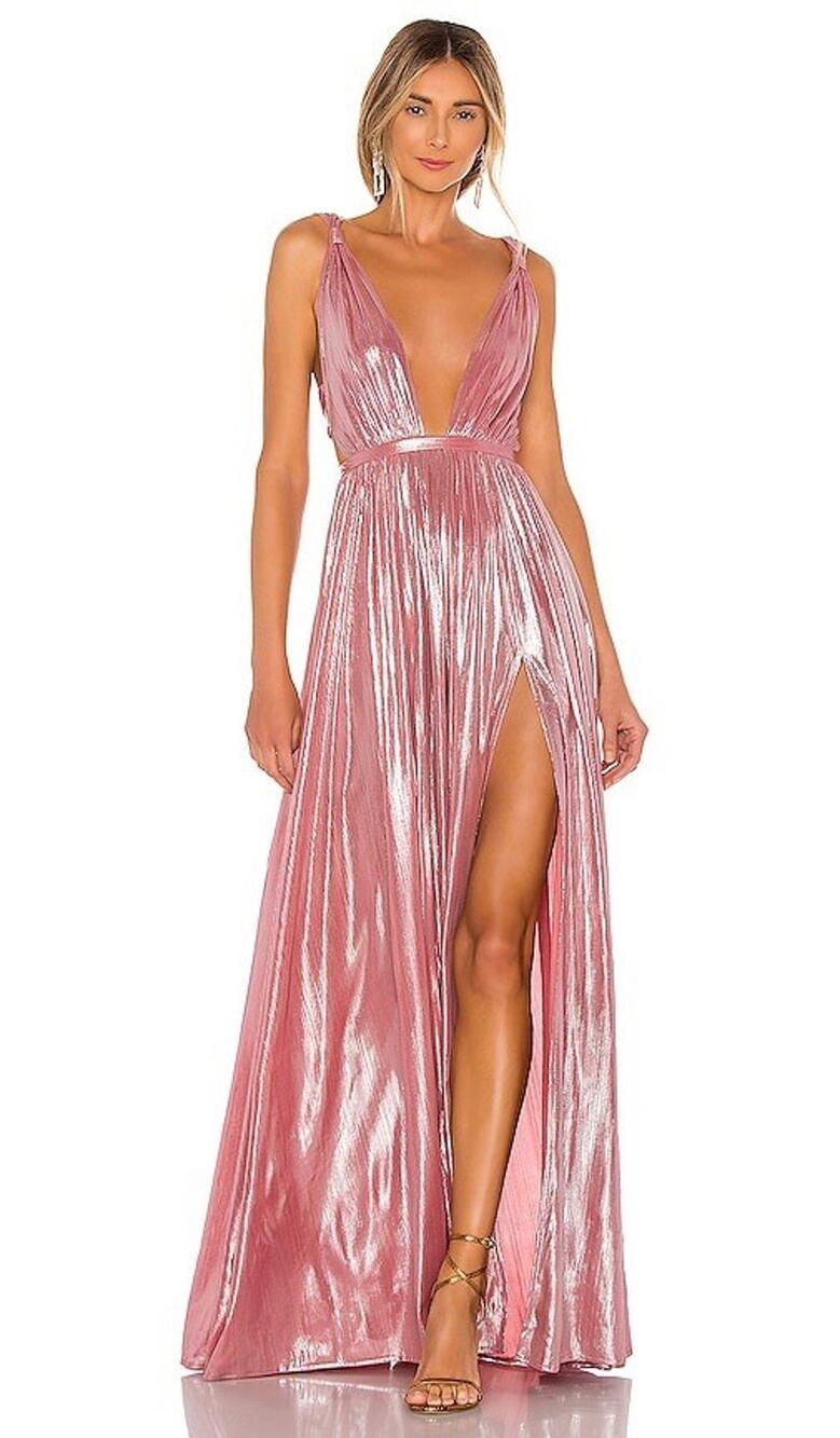 NWT Bronx and Banco Goddess Metallic Rose Pink Maxi Gown XS Missing Ties